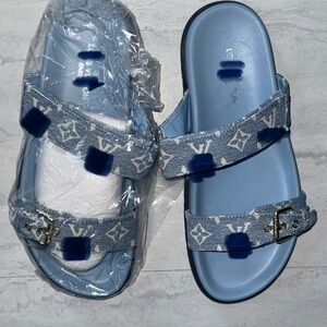 Monogram Light Blue Denim Slides